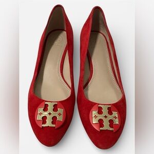 Tory Burch Luna Wedge Red Suede Pumps Gold Emblem Logo Women’s Size 8